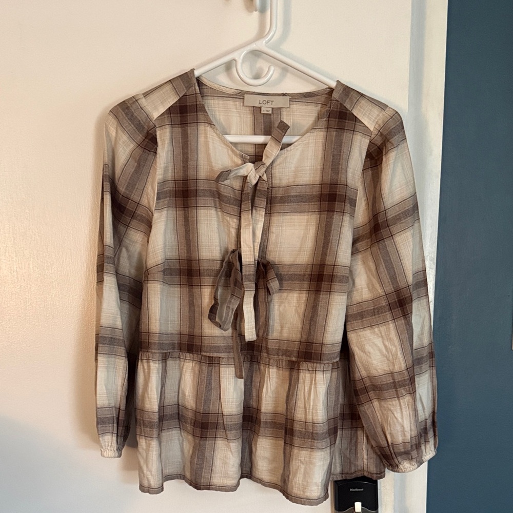 LOFT Cream and Brown Plaid Tie-Neck Peplum Blouse